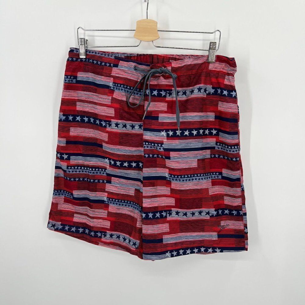 Speedo Men Large‎ Red Blue 4th of July American Stars and Stripes Swim Trunks